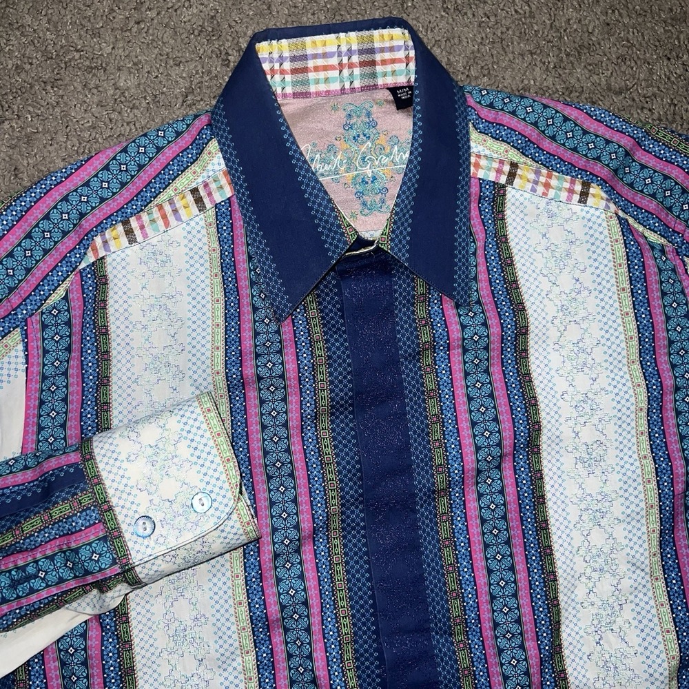 Robert Graham Button Shirt Mens Medium Floral Embroidered Paisley Vibrant